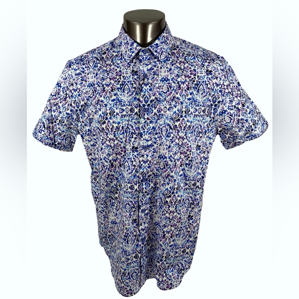 Robert Graham Men's Blue Multi Floral Damask Button Down Short Sleeve Shirt Xl